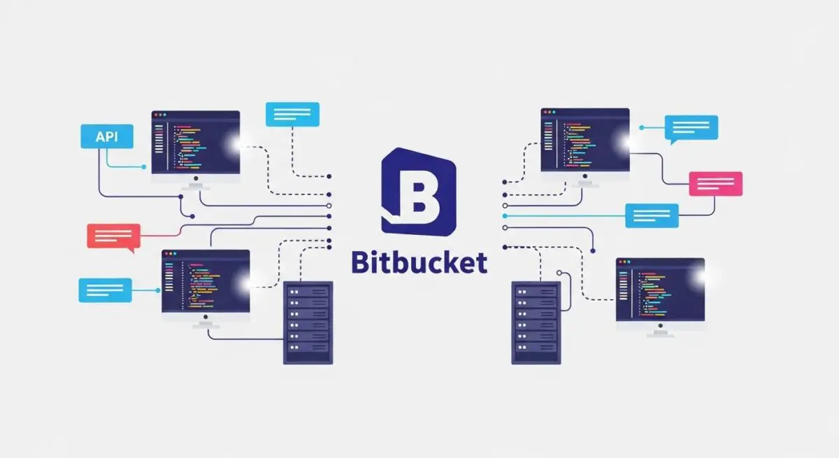 Bitbucket logo surrounded by connected computers and servers, illustrating a code repository and collaboration system.
