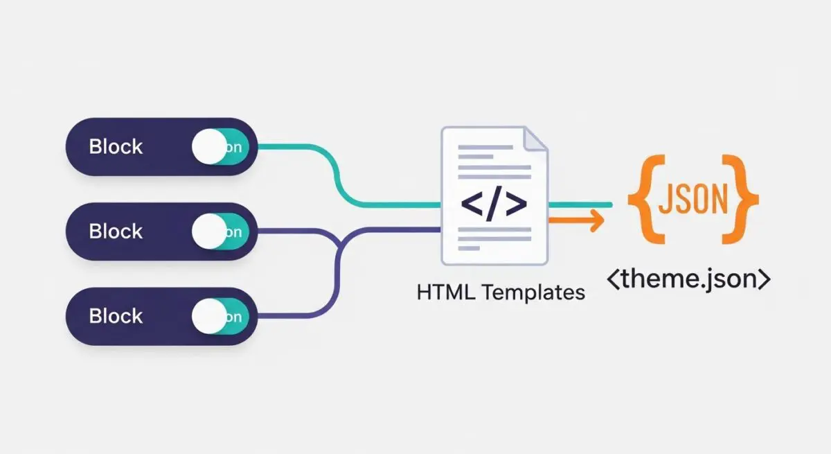 Conceptual diagram showing multiple 'Block' elements connecting to HTML templates and resulting in a theme.json file, illustrating Block Themes.