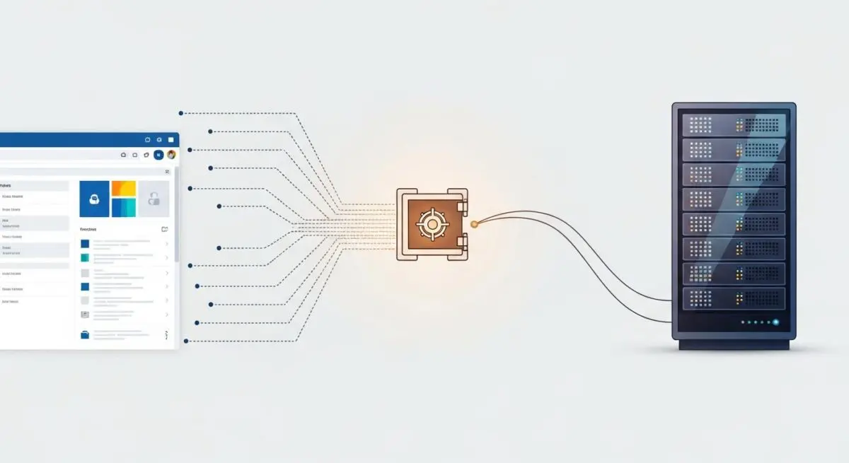 Server rack connecting to a vault icon, illustrating secure data backups with BlogVault.