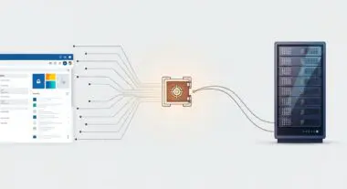Server rack connecting to a vault icon, illustrating secure data backups with BlogVault.