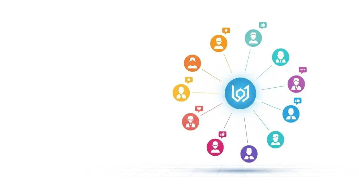 Network of diverse people icons connected to a central hub, illustrating brand advocacy.