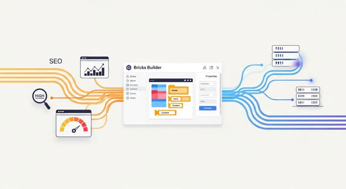 Bricks Builder interface showing structure blocks for website design, connected to SEO metrics and server data.