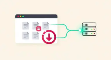 Icon representing data compression and transfer for Brotli, showing files going from a browser window to servers.