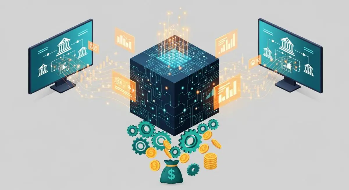 Building your personal FinTech stack: Icons of banks, charts, gears, and coins flow from a central digital core.