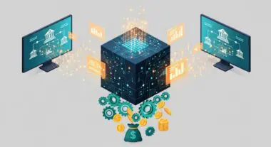 Building your personal FinTech stack: Icons of banks, charts, gears, and coins flow from a central digital core.
