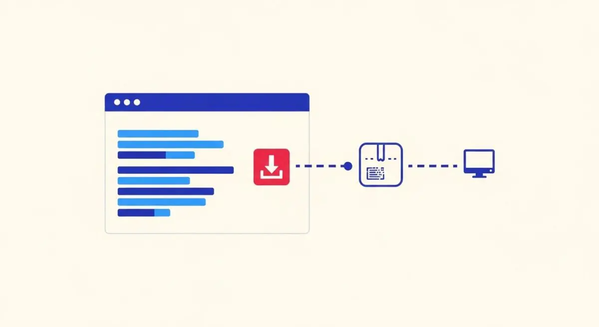 Illustration of a website interface with a download icon, symbolizing file aggregation, leading to a package and a computer, representing Bundlephobia.