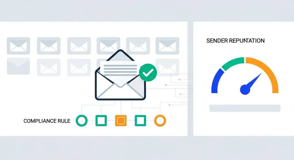 Illustration showing email icons, a compliance checkmark, and a sender reputation gauge, symbolizing CAN-SPAM Act compliance.