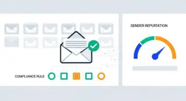 Illustration showing email icons, a compliance checkmark, and a sender reputation gauge, symbolizing CAN-SPAM Act compliance.