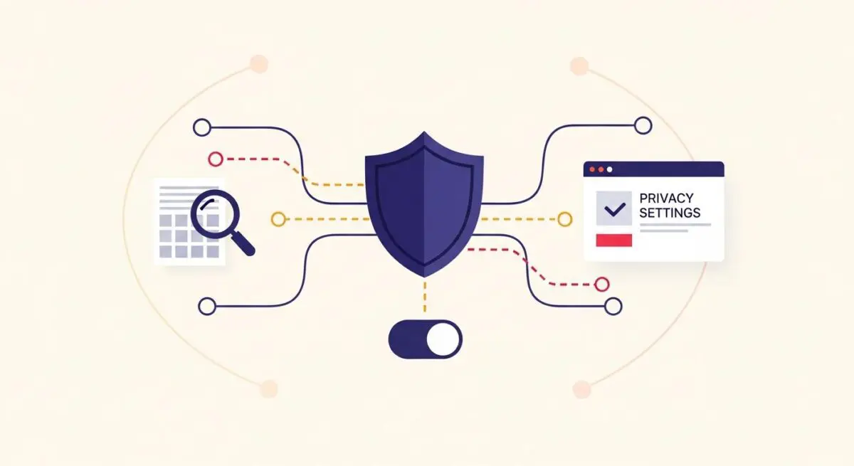 Diagram illustrating CCPA compliance with a shield, magnifying glass over a document, and privacy settings interface.