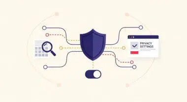 Diagram illustrating CCPA compliance with a shield, magnifying glass over a document, and privacy settings interface.