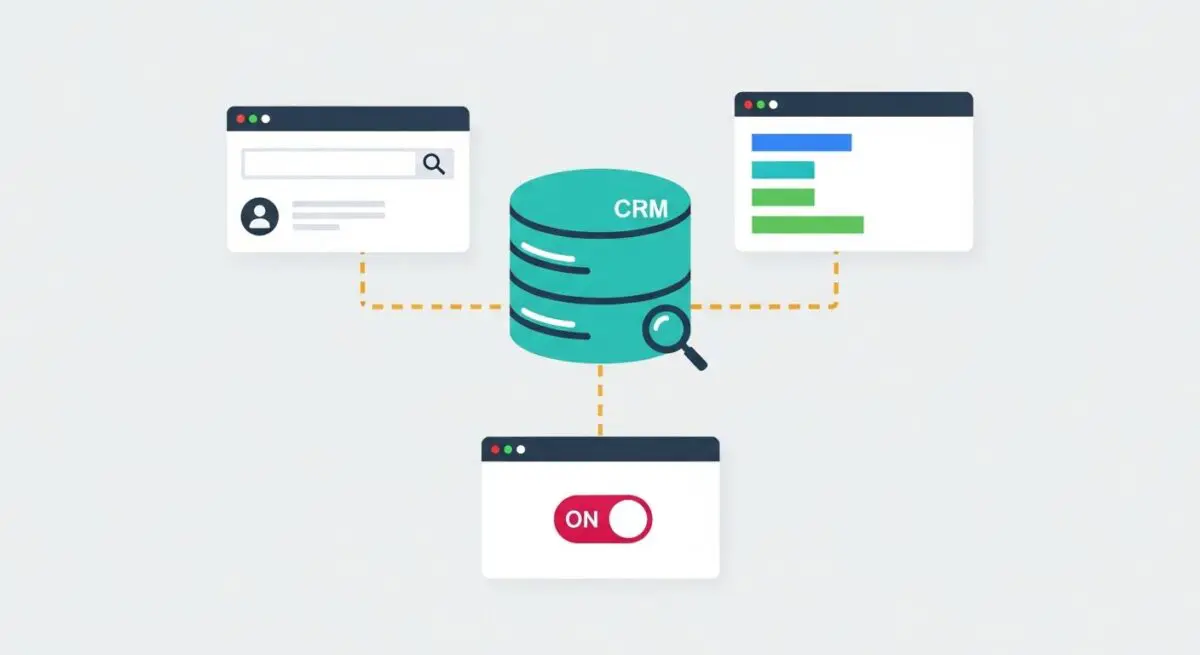 Diagram showing a CRM database icon connected to three different interface screens representing user management and analytics.