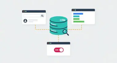 Diagram showing a CRM database icon connected to three different interface screens representing user management and analytics.