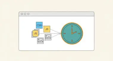 Illustration showing CSS, JS files, and images connecting to a clock, representing Cache-Control for website speed.