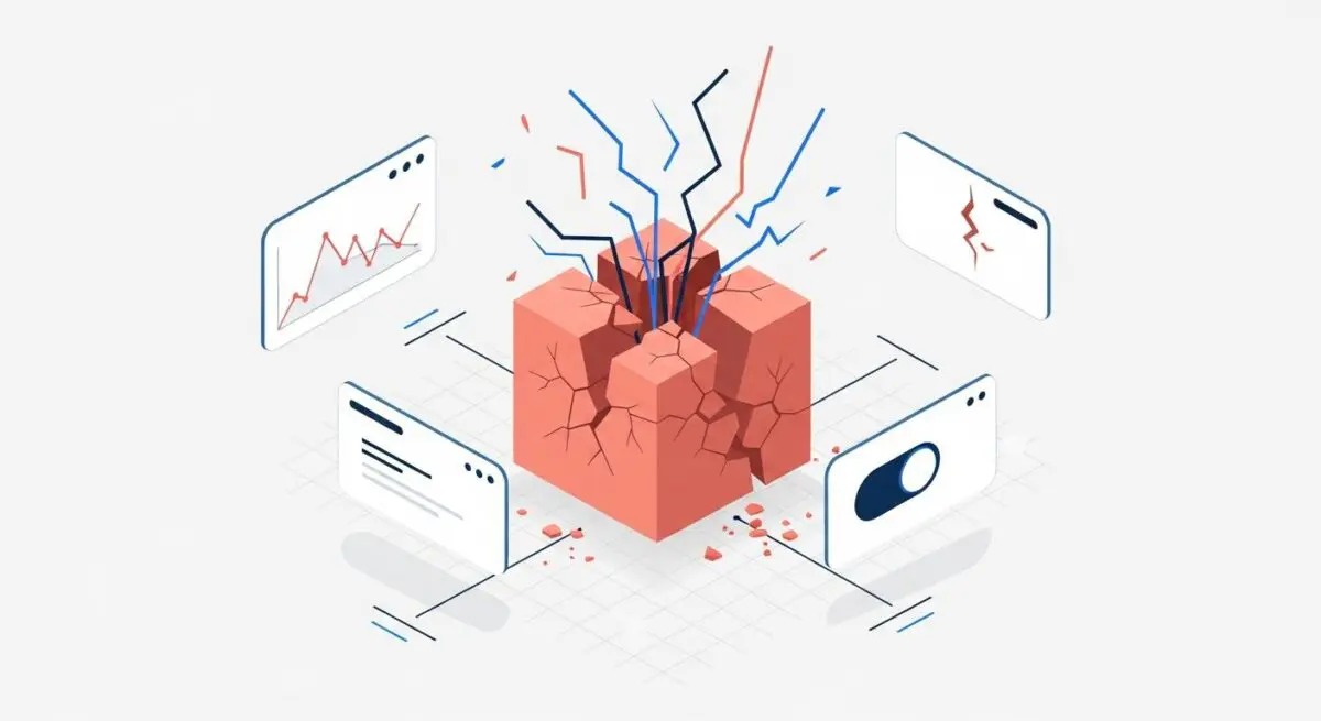 Cracked FinTech cube with graph and toggle screen, illustrating cautionary tales of rapid growth.