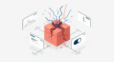 Cracked FinTech cube with graph and toggle screen, illustrating cautionary tales of rapid growth.