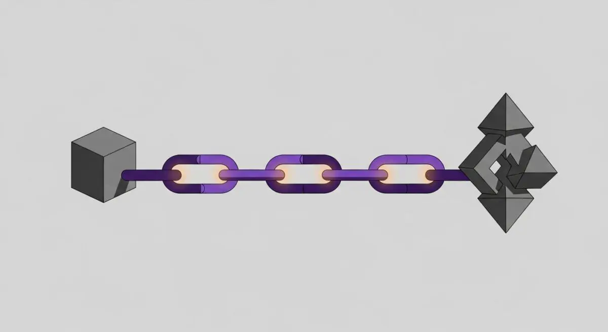 A grey cube connected by a chain of glowing purple links to a complex geometric shape, illustrating Chain-of-Thought Prompting.
