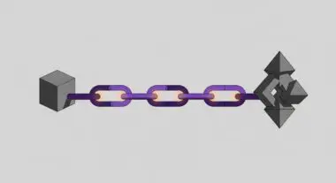 A grey cube connected by a chain of glowing purple links to a complex geometric shape, illustrating Chain-of-Thought Prompting.