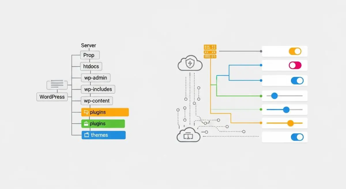 Diagram illustrating WordPress file structure and server access controls, relating to Chmod settings.