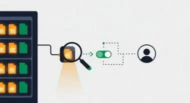 A server rack connected to a magnifying glass examining a file, leading to a toggle switch and user icon, illustrating chown.