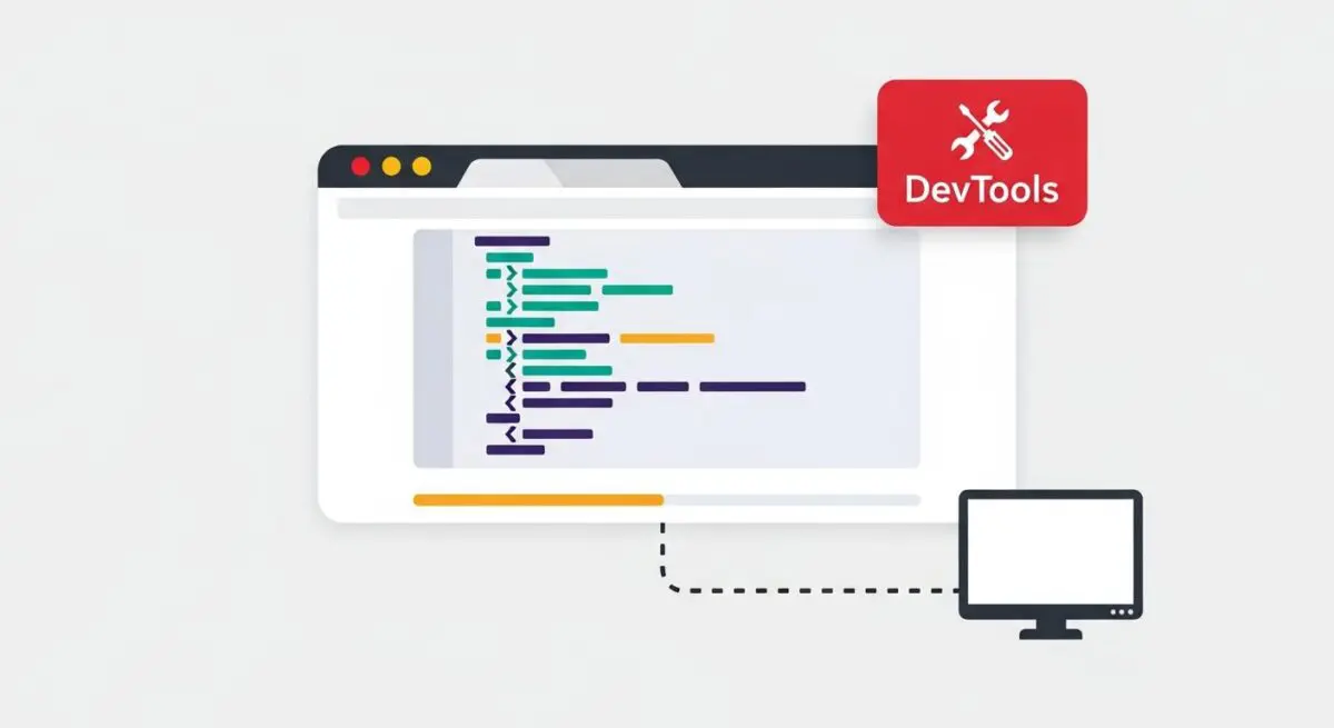 A browser window displaying code with a 'DevTools' icon and wrench, connecting to a computer monitor.