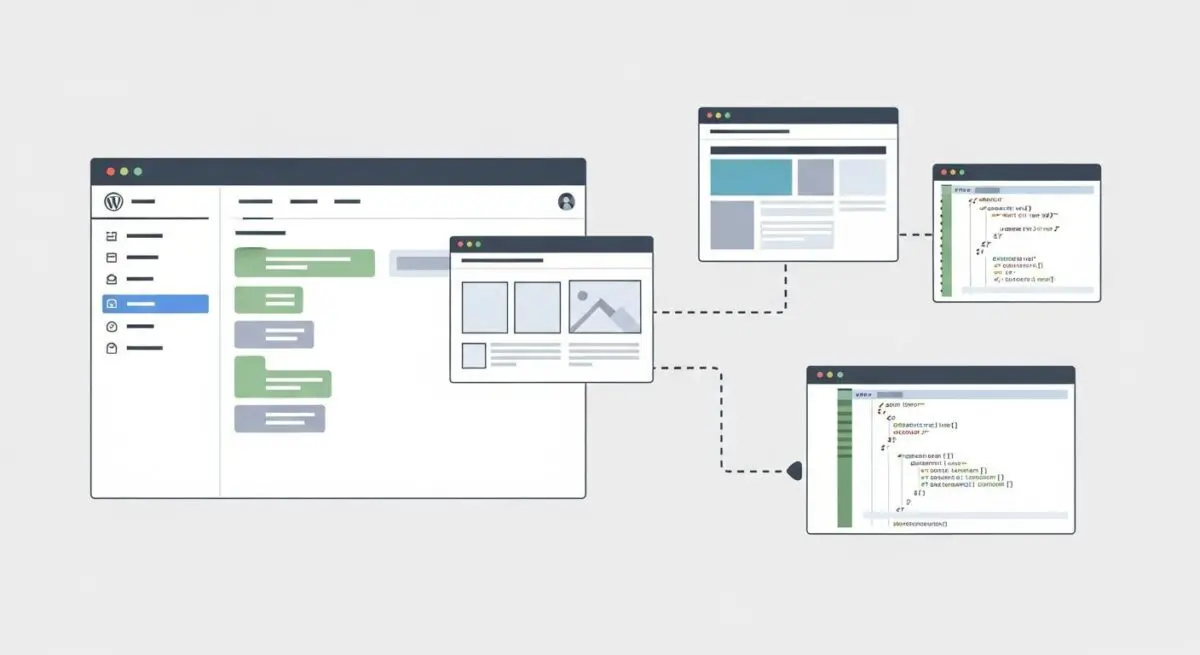 WordPress dashboard interfaces and code snippets representing the Classic Editor.