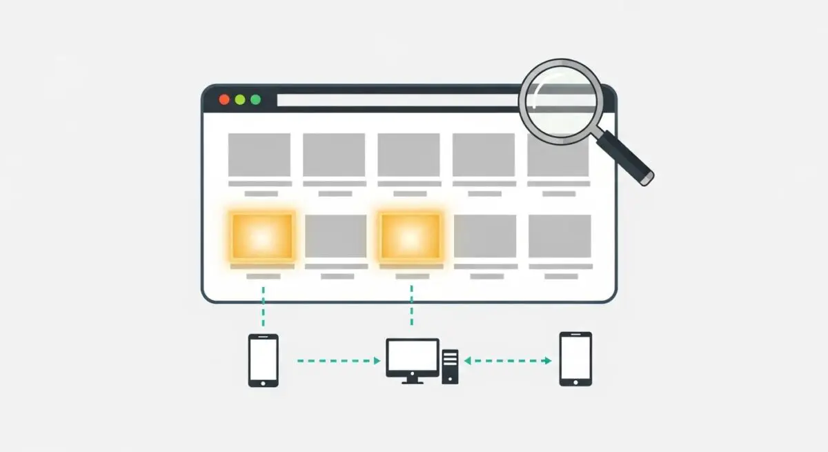 Browser window displaying responsive design elements and devices connected via network lines, illustrating client hints.