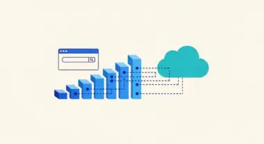 Conceptual graphic showing increasing bar chart connected to a search bar and a cloud.