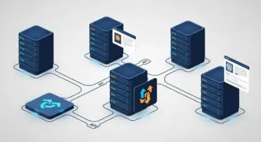 Diagram showing interconnected servers and APIs, symbolizing cloud hosting architecture.