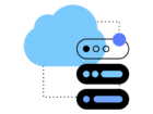 A blue cloud icon connects to a black server rack, symbolizing cloud computing and data storage infrastructure.
