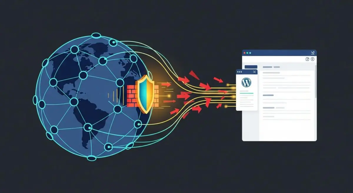 Global network protected by a shield, illustrating Cloudflare's security for websites.