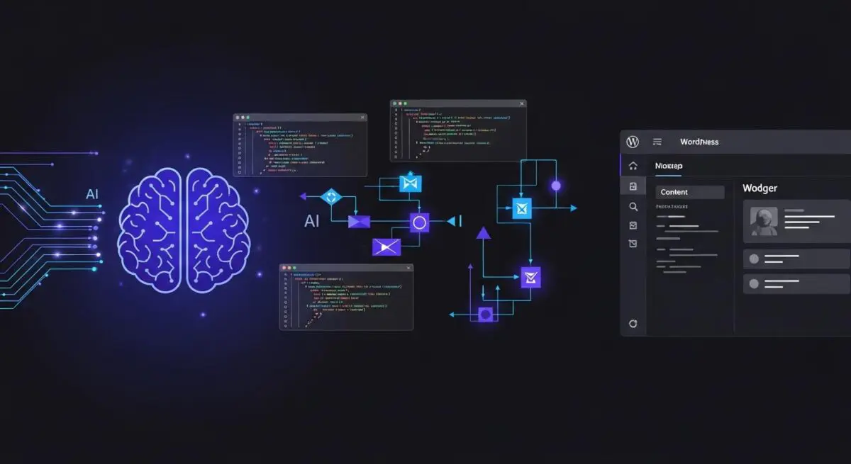 Abstract representation of AI processing and data flow, with CodeWP UI elements integrated.