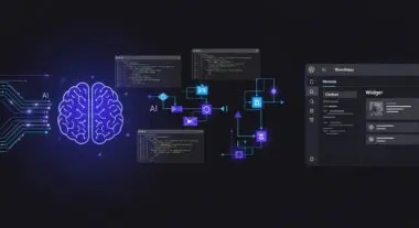 Abstract representation of AI processing and data flow, with CodeWP UI elements integrated.