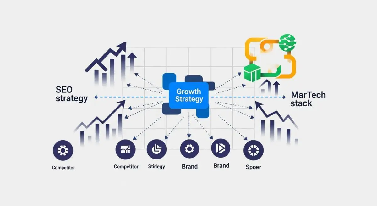 Diagram showing how competitor analysis informs a growth strategy impacting SEO and MarTech stacks.
