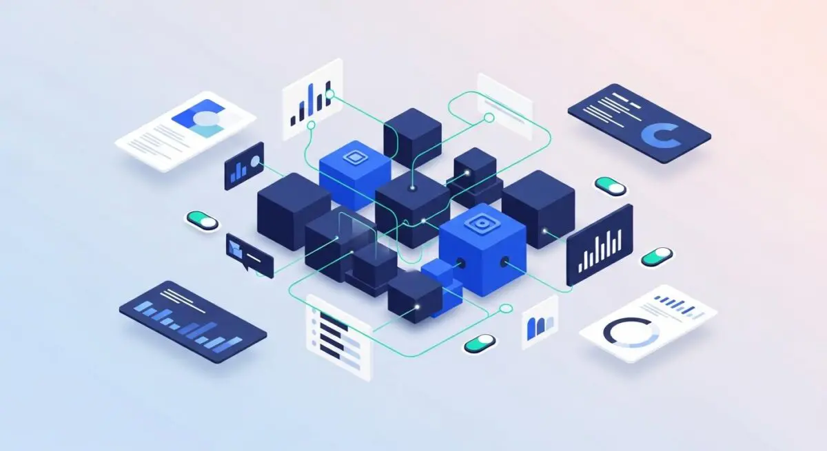 Illustrating composable architecture for digital transformation with interconnected blocks and data visualizations.