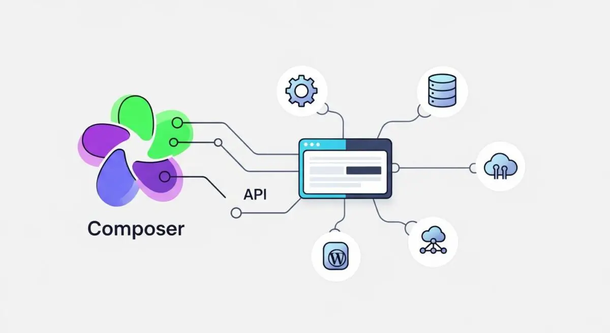 Abstract visualization of Composer connecting to various services including API and WordPress.