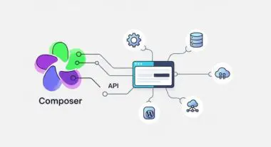 Abstract visualization of Composer connecting to various services including API and WordPress.