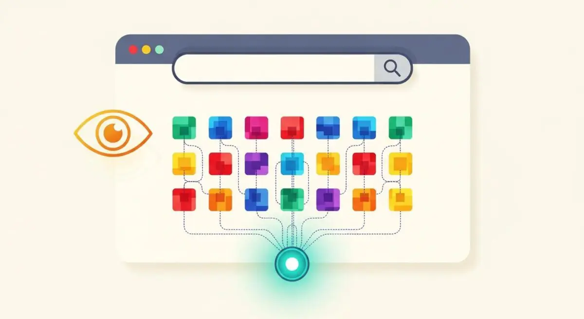 An eye symbol observing a grid of colorful squares connected by lines, illustrating Computer Vision analysis.