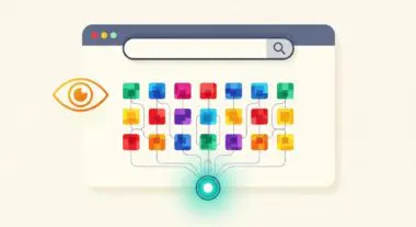 An eye symbol observing a grid of colorful squares connected by lines, illustrating Computer Vision analysis.