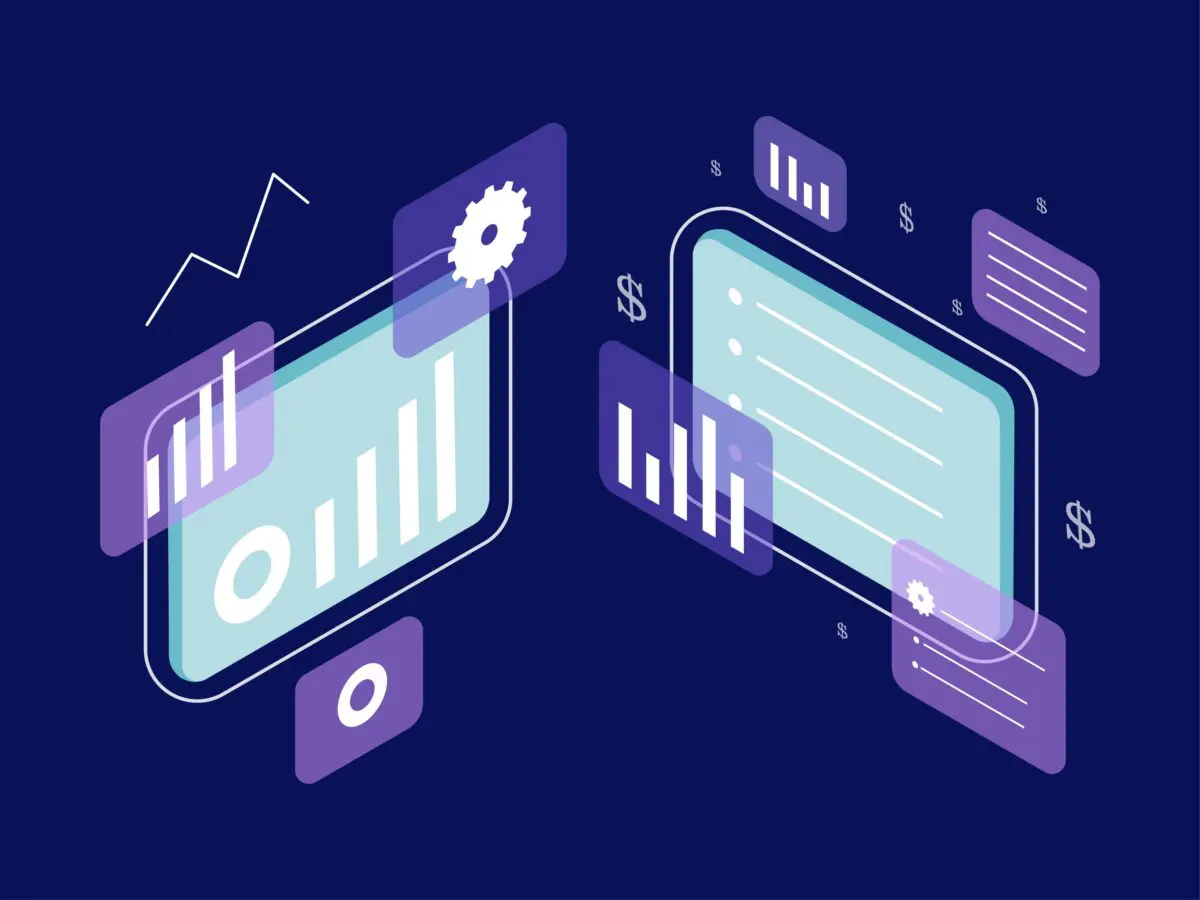 Isometric digital interface displaying financial growth charts, data lists, and gear icons on a dark blue background.