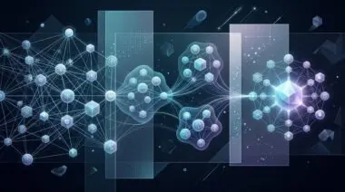 A complex network of interconnected nodes and geometric shapes flows toward a central glowing crystalline core.