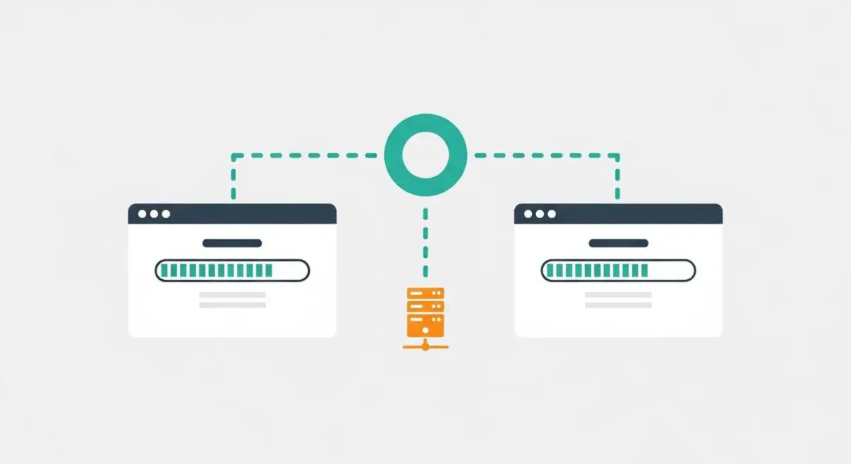 Diagram showing two browser windows with loading bars connected to a central hub and server, illustrating concurrency.