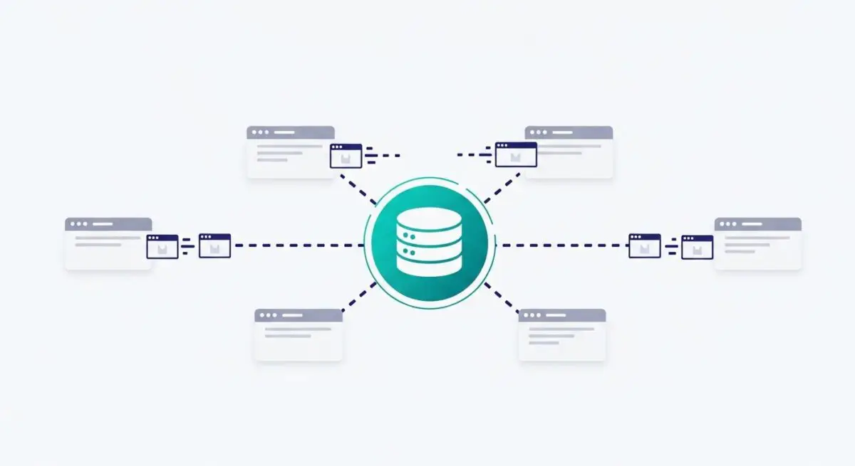Diagram illustrating connection pooling with a central database icon connected to multiple client interfaces.