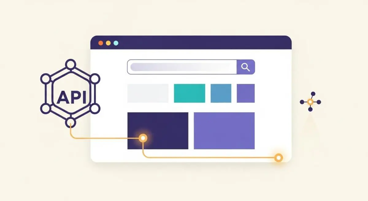 A graphic illustrating the integration of a Content API with a website's search interface, showing data flow.