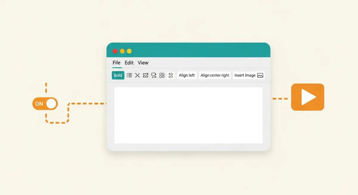 On switch connected by dotted lines to a content editor interface, symbolizing Content Automation.