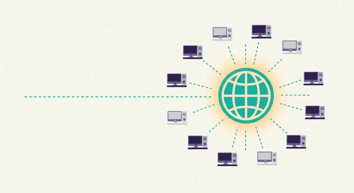 Diagram illustrating how a Content Delivery Network distributes data from a central globe to multiple dispersed computers.