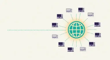 Diagram illustrating how a Content Delivery Network distributes data from a central globe to multiple dispersed computers.