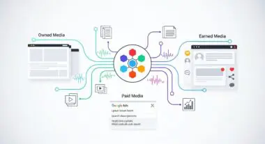 Diagram illustrating owned, paid, and earned media channels converging at a central hub for effective content distribution.