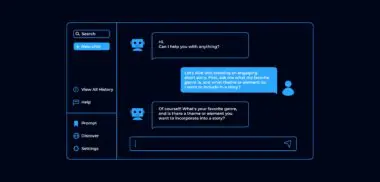 Chat interface showing a conversation between a user and an AI bot about writing a short story.
