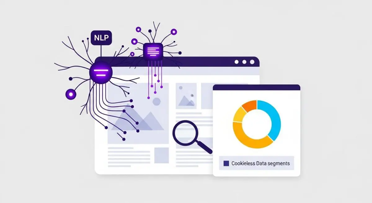 Abstract representation of data analysis for contextual targeting, including NLP and cookie-less data segments.