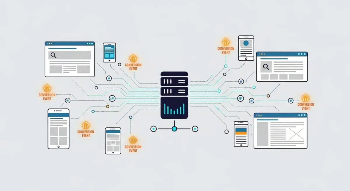 Diagram illustrating the flow of data from devices to a central server, representing conversion tracking via API.